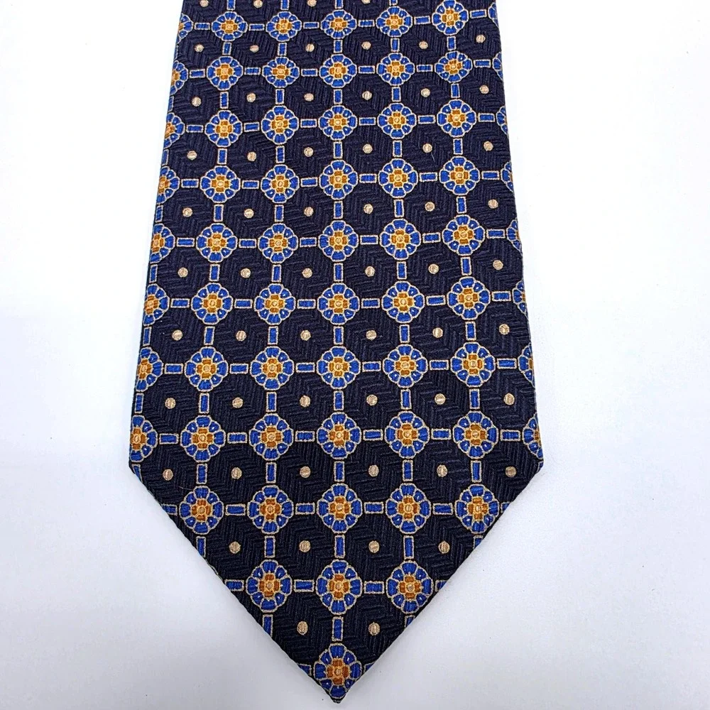 Wartsila Melissa Group Navy Blue Gold Silk Geometric Medallion Tie Made in Italy
